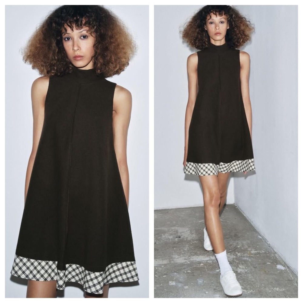 Zara Womens Brown Ribbed Knit Plaid Trim Mock Neck A-Line Mini Dress S 0264/850